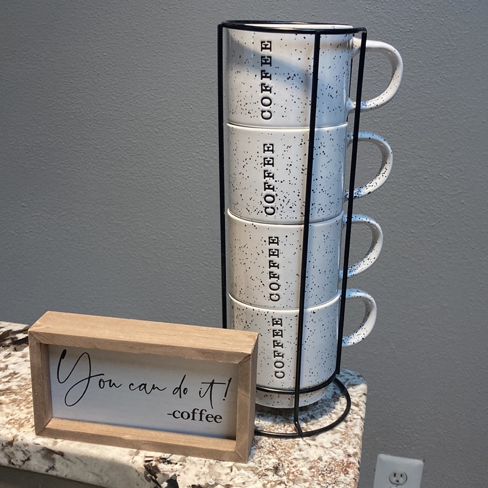 Rae & Dunn coffee mugs, container, and pick me up sign :)